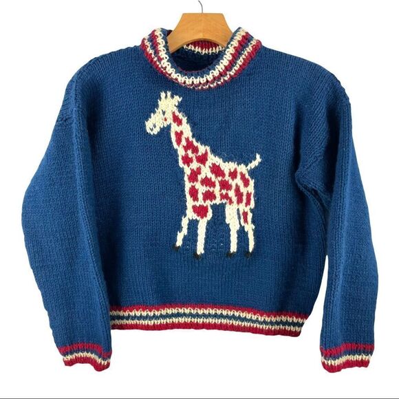 KIDS Handmade Giraffe Knit Navy Crewneck Wool Blend Sweater Size 8 - Picture 2 of 5